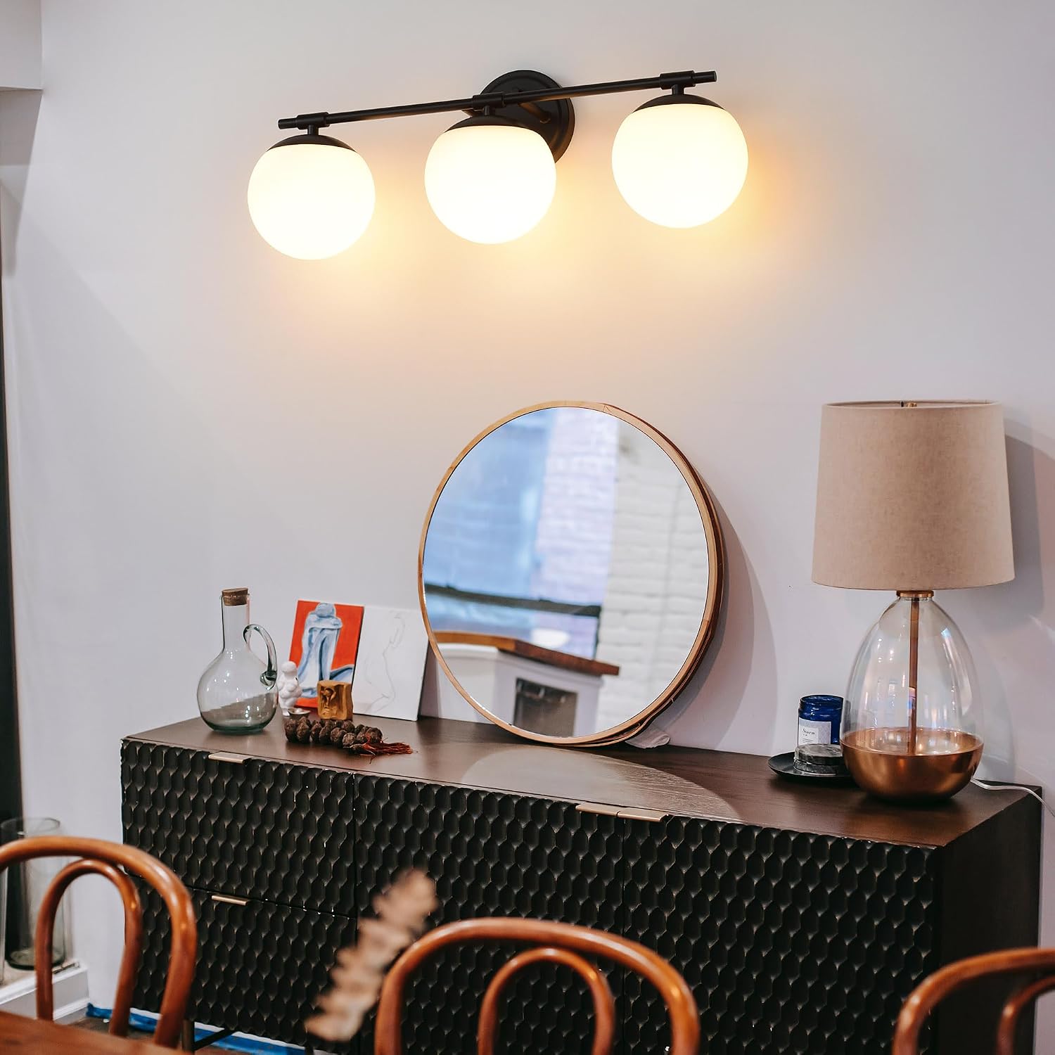 Black Bathroom Vanity Light Fixtures, 3 Light Globe Wall Sconce Lighting Over Mirror, Modern Vanity Lights for Bathroom, Mirror Cabinets Hallway Stairs, Standard E26 Base, Matte Black