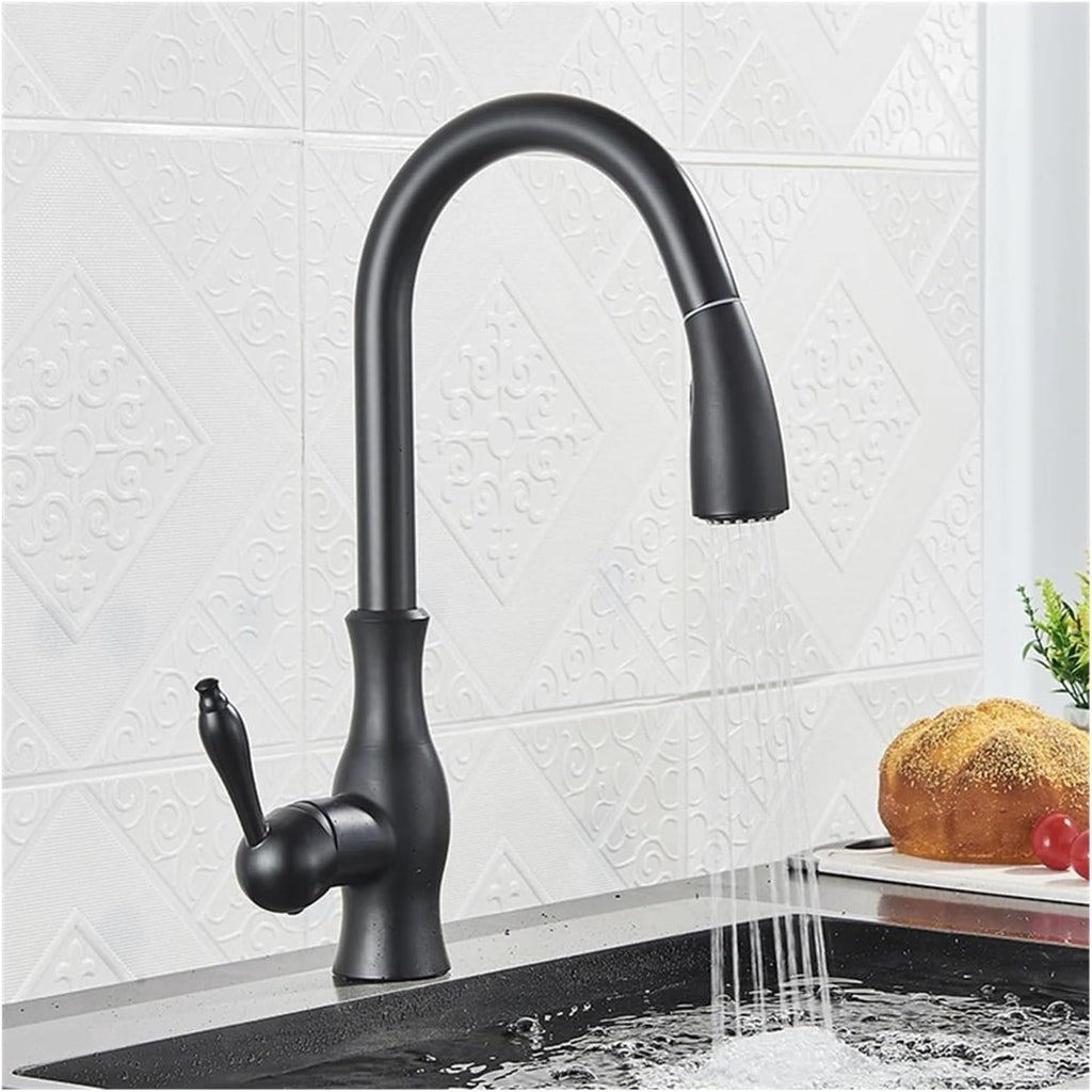 Pull Out Kitchen Faucet Shower/Stream Model Spout Tap Deck Mount Rotatable Single Handle Cold Hot Water Mixer(Matte Black)