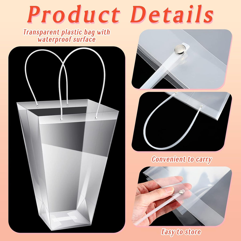 Yexiya 96 Pcs Floral Bags Large Clear Flower Bouquet Bag Bulk with Handle Transparent Florist Wedding Gift Packaging Plastic Gift Birthday Valentine's Mother's Day, 11.4 x 5.9 x 16.7 in (Clear Edge)