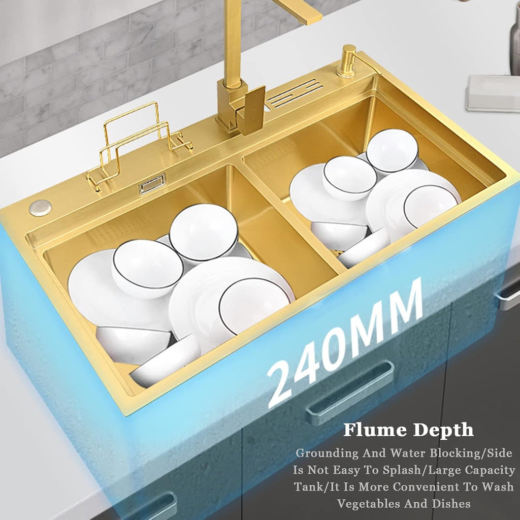 Kitchen Sink 304 Stainless Home Sink Kitchen, Double Gold Sink Kitchen, with Faucet, Clean Faucet, Soap Dispenser, Cutting Board and Accessories,Gold a-82X46cm