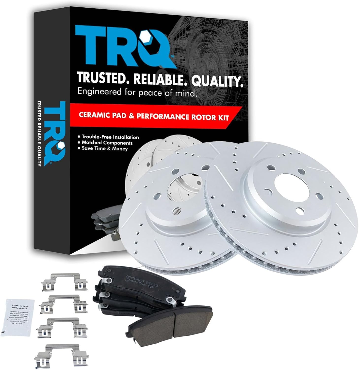 TRQ Performance Front Ceramic Brake Pad and Rotor Set Coated Drilled Slotted Compatible with 0709 Dodge Charger V6 3.5L RWD with 320 mm Diameter Front Rotors 0509 Chrysler 300 Limited RWD