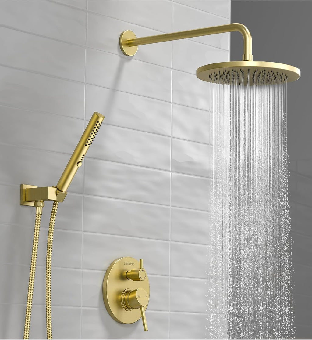 Lava Odoro Modern 2-Setting Round Rain Shower System, Gold Rainfall Shower Faucet Set Rain Shower Head and Handle Set, Shower Valve Trim Kit, 10 Inch, Brushed Gold, SF104-SG