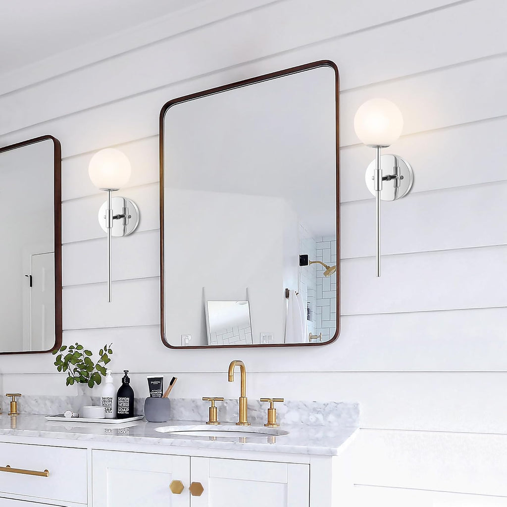 BYOLIIMA Modern Wall Sconce Set of 2 White Globe Glass Shades Mid Century Bathroom Vanity Wall Light Fixtures Industrial Wall Lamp for Bedroom Mirror Living Room Restaurant (Chrome Color)