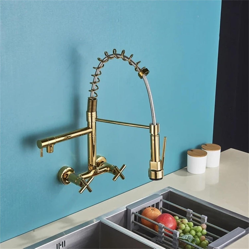 Wall Mounted Kitchen Faucet Hot Cold Water Mixer Tap Pull Down Spray 360 Rotation Kitchen Mixer Taps(Polished Gold)