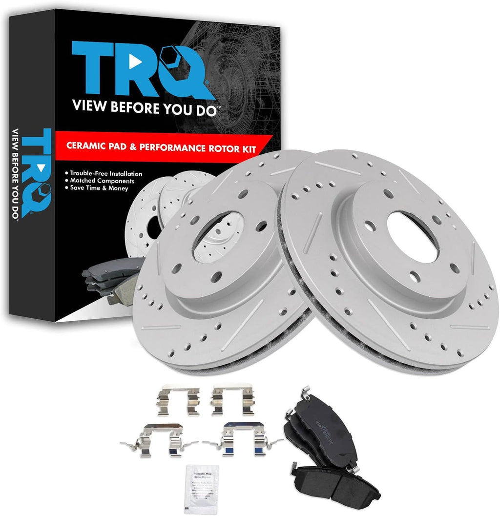TRQ Performance Front Brake Pad and Rotor Set Ceramic G Coated Drilled Slotted Vented Rotors Compatible with 2013-2019 Nissan Sentra