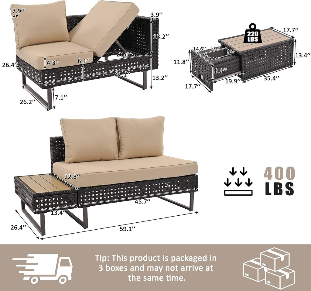 Boho Patio Furniture Set with Small Outdoor Table, Patio Bar Set w/Sillas para Balcon, Sillas para Patio Exterior, Adjustable Backrest, Ice Bucket Table, All-Weather Wicker (Khaki+Brown)