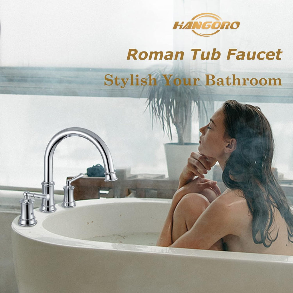 Polished Chrome Roman Tub Faucet, Antique Bathtub Faucet Set 3 Hole, High Flow Bath Tub Faucet 12-16 inch Widespread, Solid Brass Tub Filler 2 Handle 360° Swivel Spout Rough-in Valve(B2307-CP)