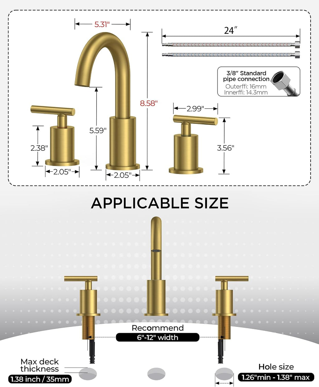 FORIOUS 2 Pack 8 Inch Widespread Brushed Gold Bathroom Faucet 3 Hole, 2 Handle Gold Sink Faucet Bathroom Vanity with 360 Degree Swivel Spout, with Pop Up Drain and cUPC Supply Line