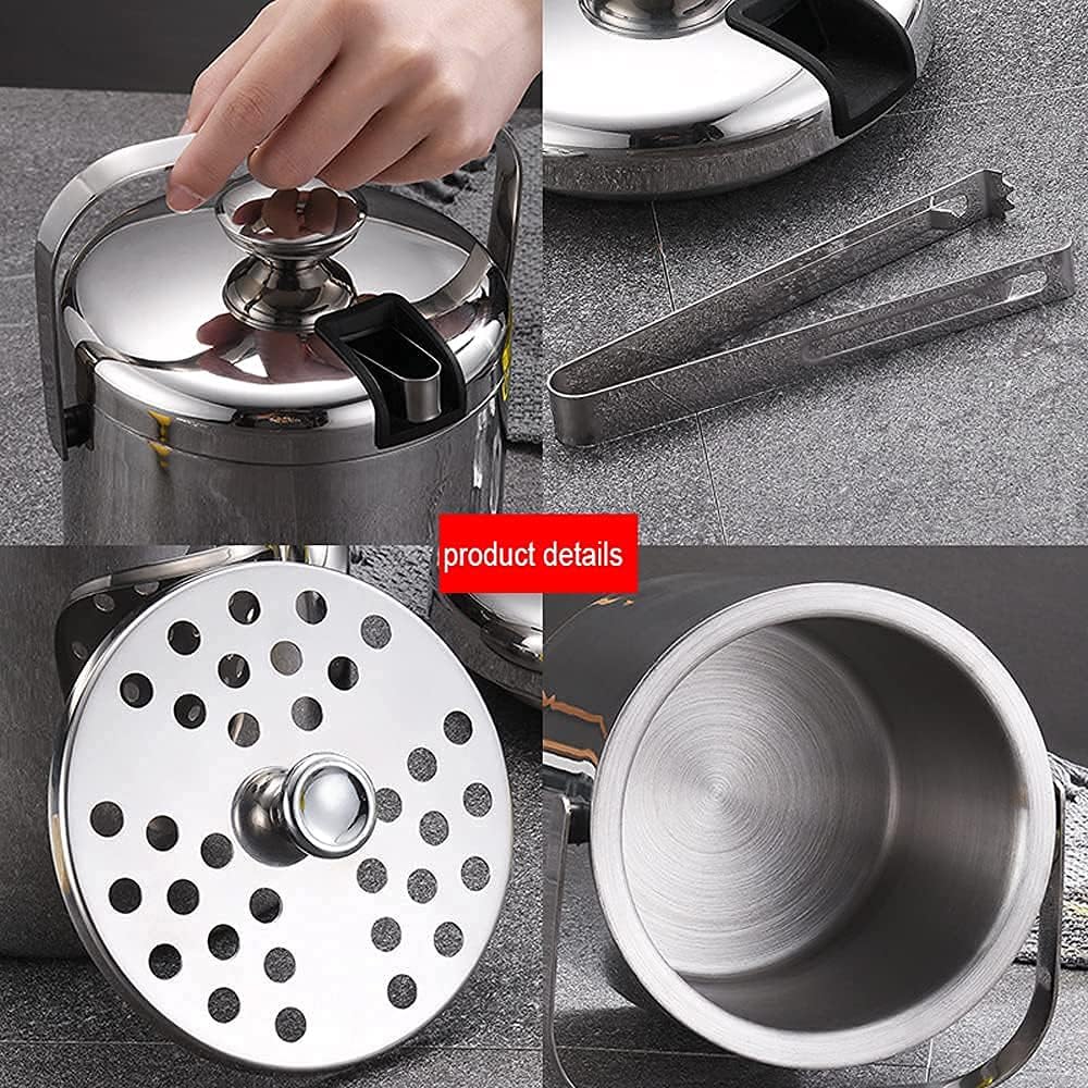 Ice and Wine Bucket,Ice Bucket,Hidden Double Wall Bar Ice Bucket Set 1.3L Stainless Steel Ice Bucket Including Lid,Tongs and Strainer,Drinks Cooler Buckets Great for Home Bar,Party,Chilling Beer,Cha
