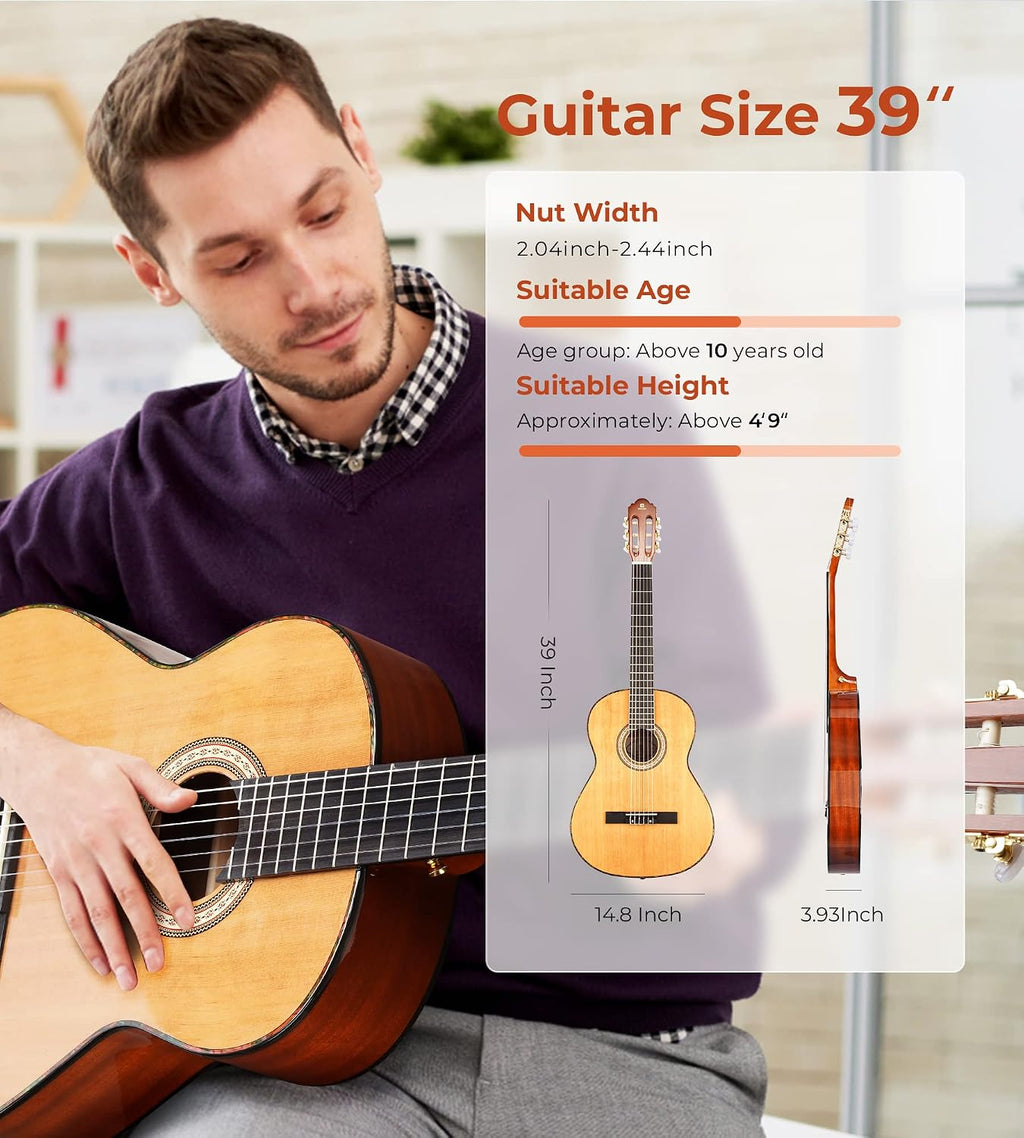 Classical Guitar Full Size 4/4 Spanish Style Classical Guitarra, 39 Inch Nylon Strings Guitar Ideal for Beginner Adults, Cedar Top, by Vangoa