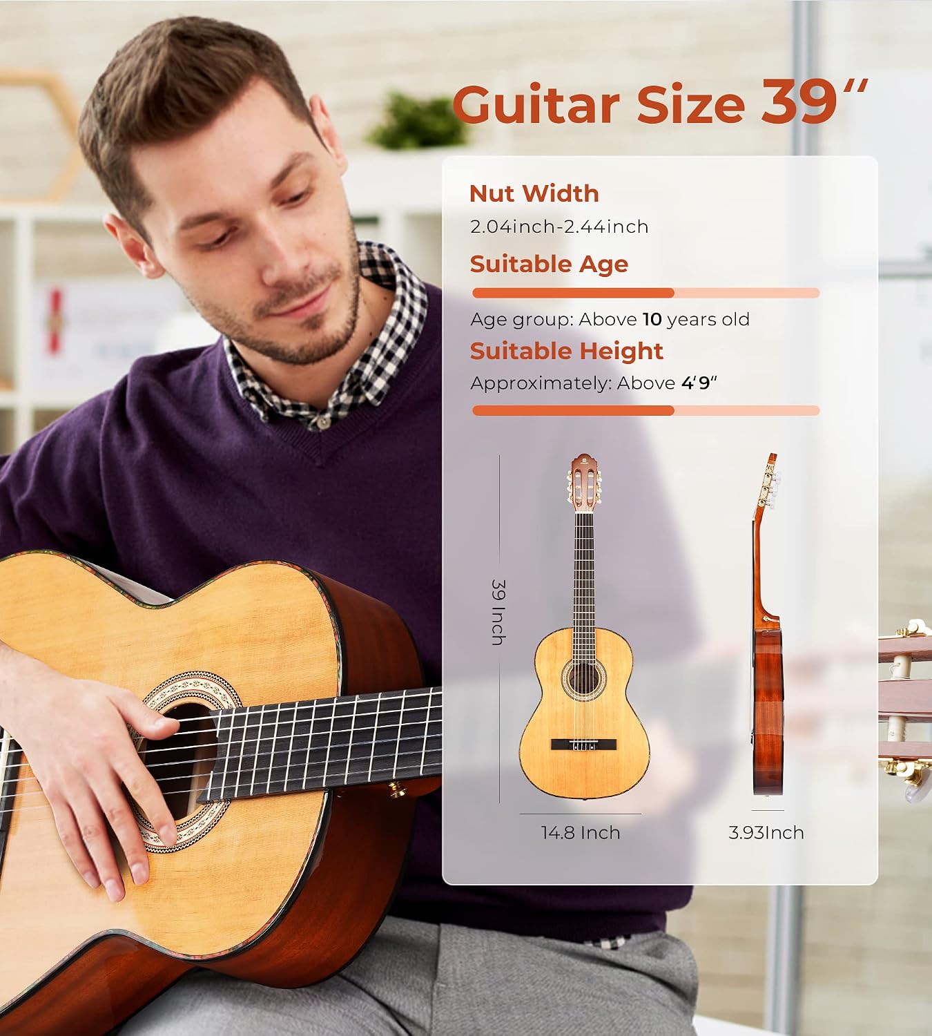 Classical Guitar Full Size 4/4 Spanish Style Classical Guitarra, 39 Inch Nylon Strings Guitar Ideal for Beginner Adults, Cedar Top, by Vangoa