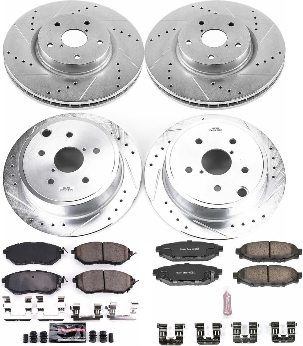 PowerStop Front and Rear Brake Kit for Subaru WRX 2015-21 - Drilled and Slotted Disc Rotors with Carbon-Fiber Ceramic Brake Pads Replacement, K6932