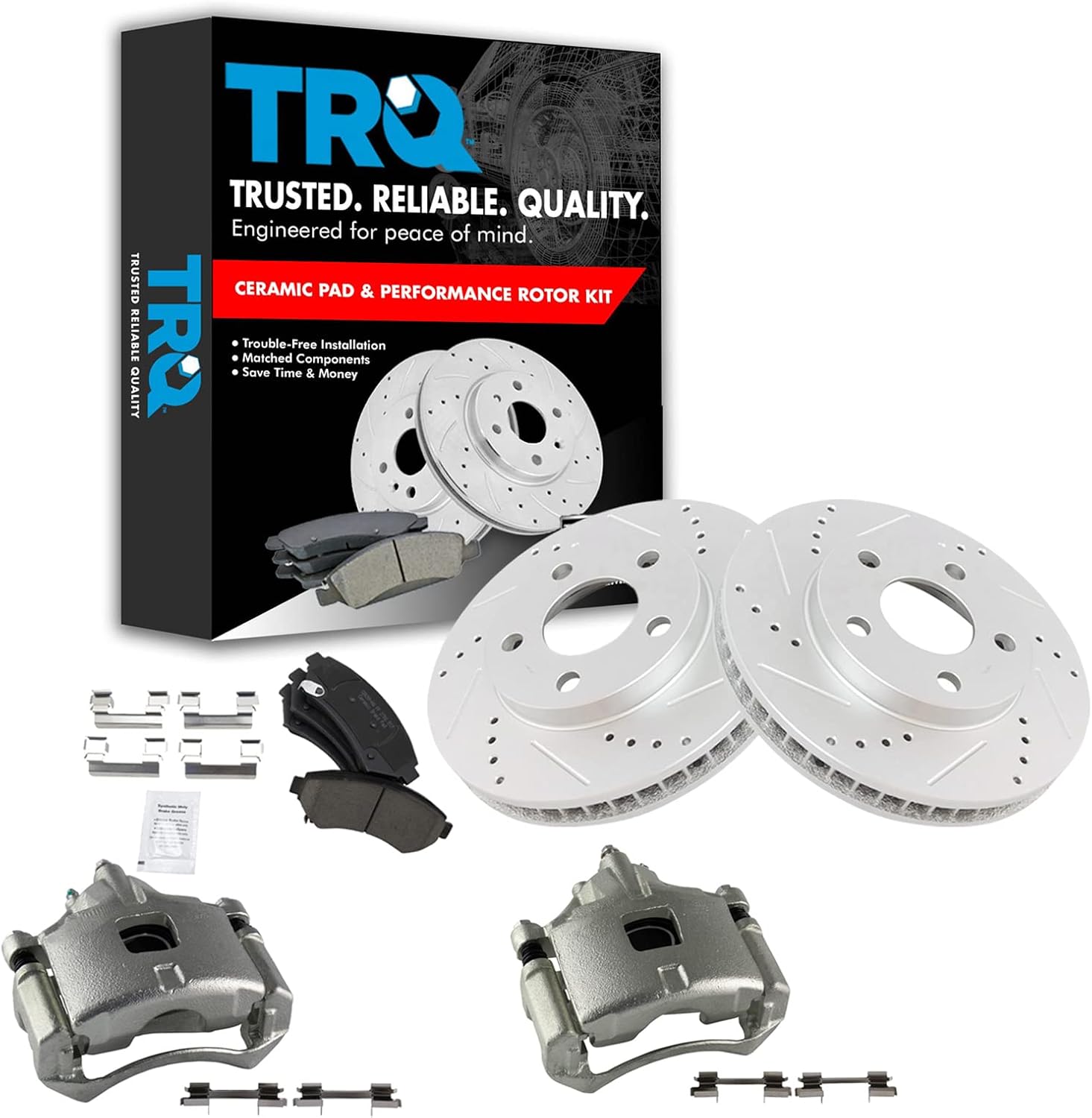 TRQ Performance Front Brake Pad and Rotor Set Ceramic Vented Coated Rotors Calipers Compatible with 2000-2003 Pontiac Bonneville