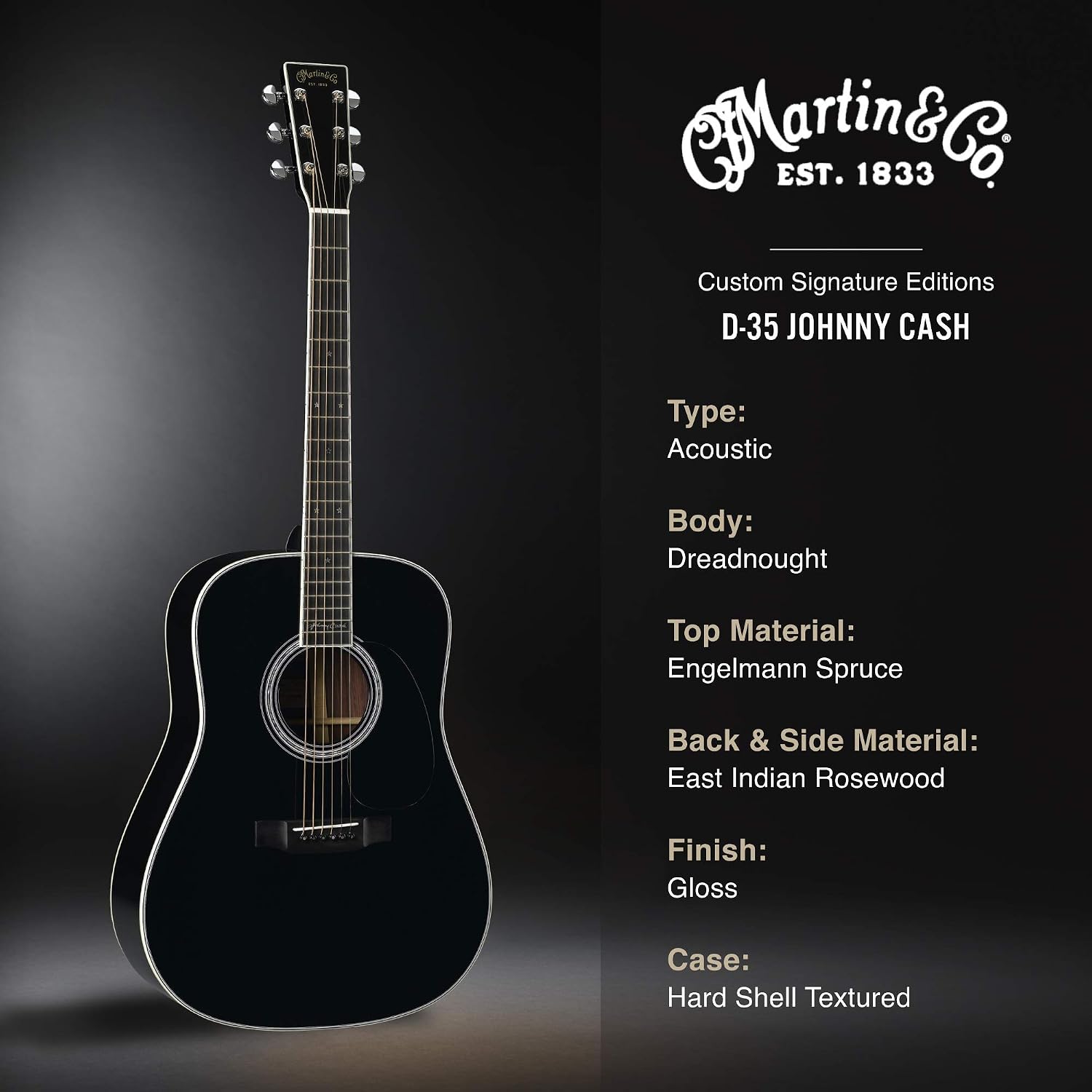 Martin Guitar D-35 Johnny Cash Acoustic Guitar with Hardshell Case, Spruce and Rosewood Construction, Gloss Finish, D-14 Fret, Modified Low Oval Neck Black