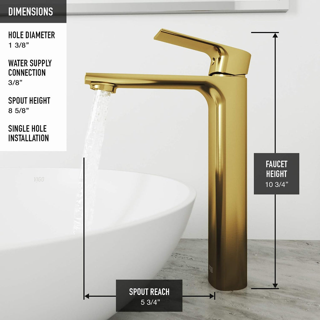 VIGO Norfolk Single-Handle Single-Hole Mount Vessel Bathroom Sink Faucet, 11-Inch, Matte Brushed Gold, Modern Design, Solid Brass, 1.2 GPM WaterSense & Ceramic Disc Valve, Corrosion-Resistant