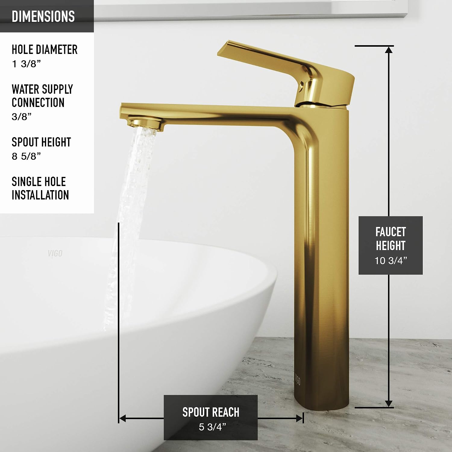 VIGO Norfolk Single-Handle Single-Hole Mount Vessel Bathroom Sink Faucet, 11-Inch, Matte Brushed Gold, Modern Design, Solid Brass, 1.2 GPM WaterSense & Ceramic Disc Valve, Corrosion-Resistant