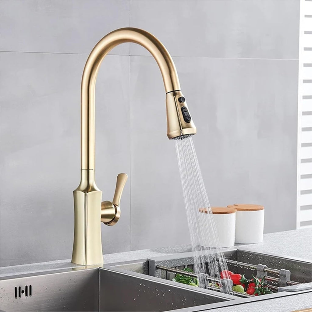 Kitchen Faucet Single Handle Hand-Out Single Hole Hot and Cold Faucet Tap(Brushed Gold)