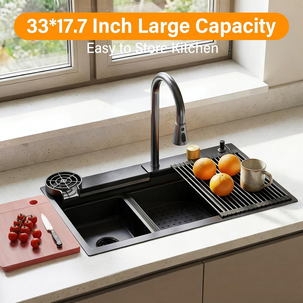 33x17.7' Drop In Kitchen Sink with Faucet, 10' Basin Depth Undermount Kitchen Sinks, Stainless Steel Sink with Cup Washer, Drain Strainer, Cutting Board, Colander, Storage Basket & Roll-up Rack