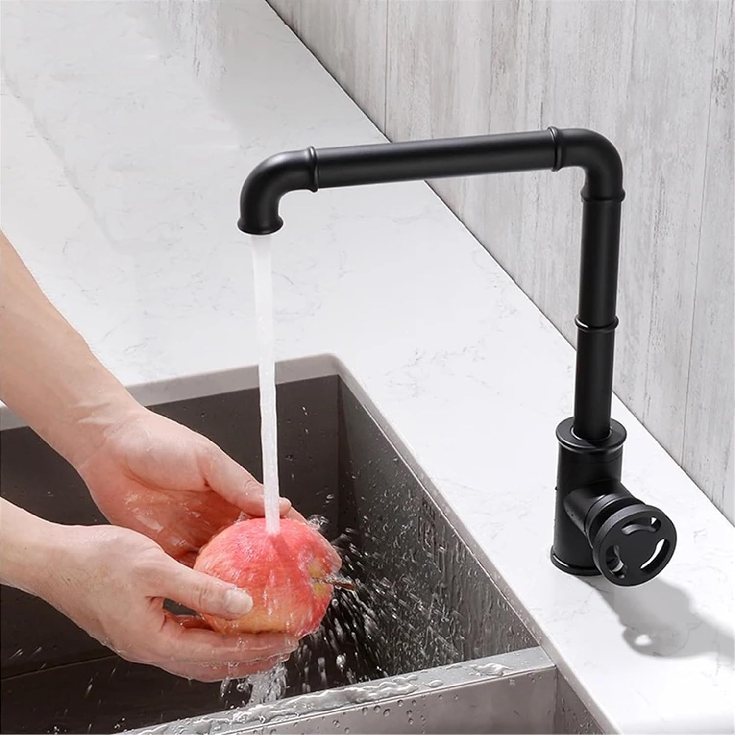 Kitchen Faucets Retro Industrial Style Brass Crane Bathroom Faucets Hot and Cold Water Mixer Tap(Black)