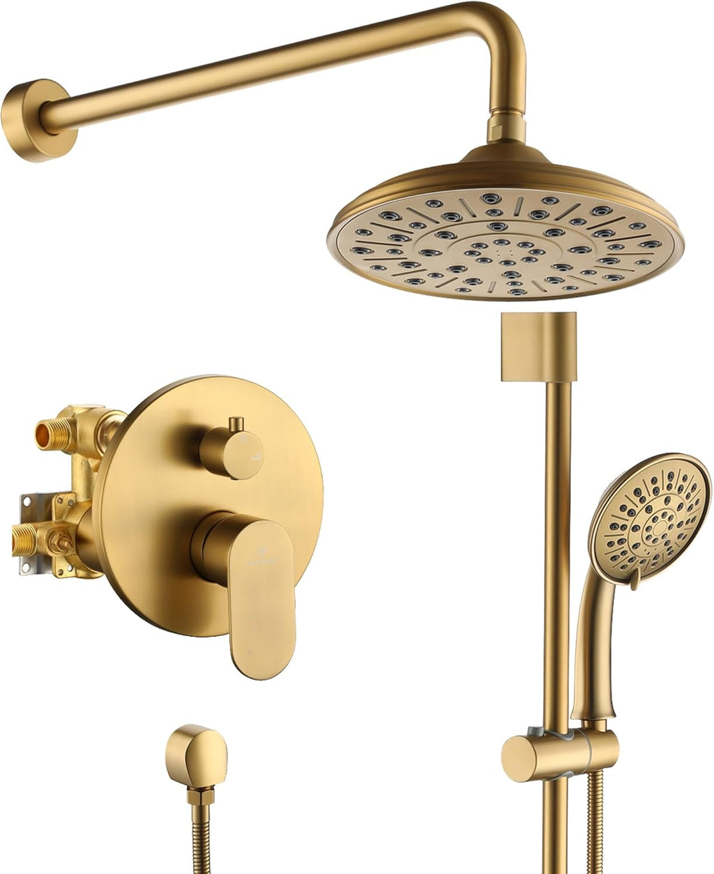 MONDAWE 8 Inch Wall Mounted Shower Faucet Set in Brushed Gold, Rainfall Shower Head with 3-Setting Handheld Spray Shower Set Combo, High Pressure Shower System with Solid Brass Valve