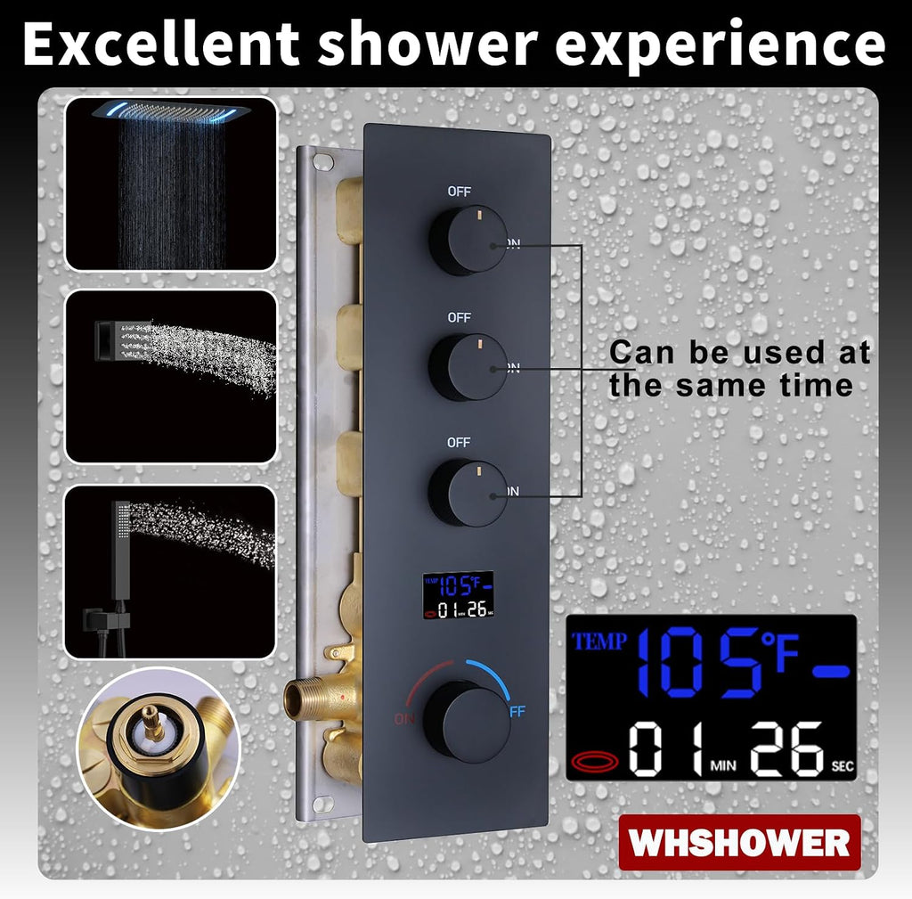 Matte Black Shower System Digital Display Full Body Shower System with 16 x 26 Inch Ceiling Rain LED Shower Head, Handheld Shower and 6 PCS Body Jets