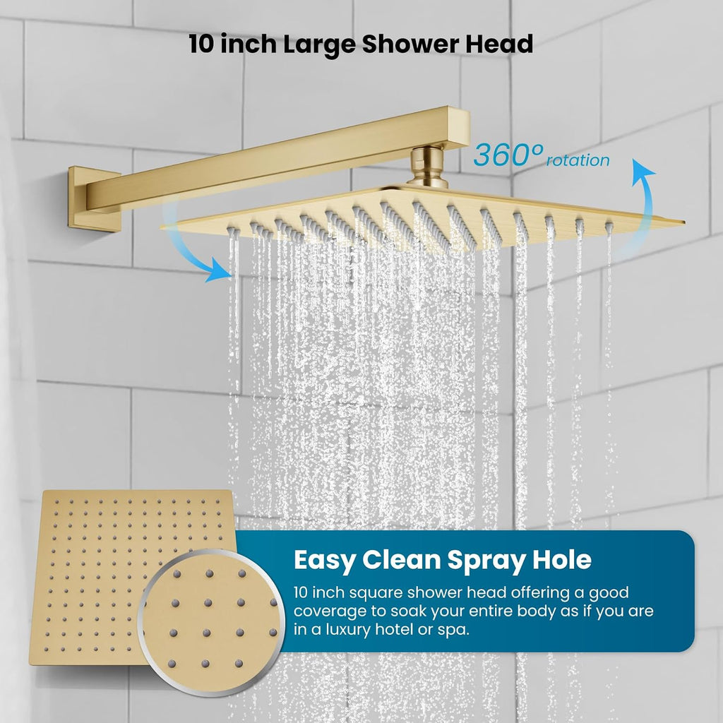 gotonovo 10'' Rain Shower Faucet System Rainfall Shower Head with Handheld Sprayer Waterfall Tub Spout Wall Mounted Mixer Combo Rough-in Valve and Trim Included 7.9 Inch Wide Spout Brushed Gold