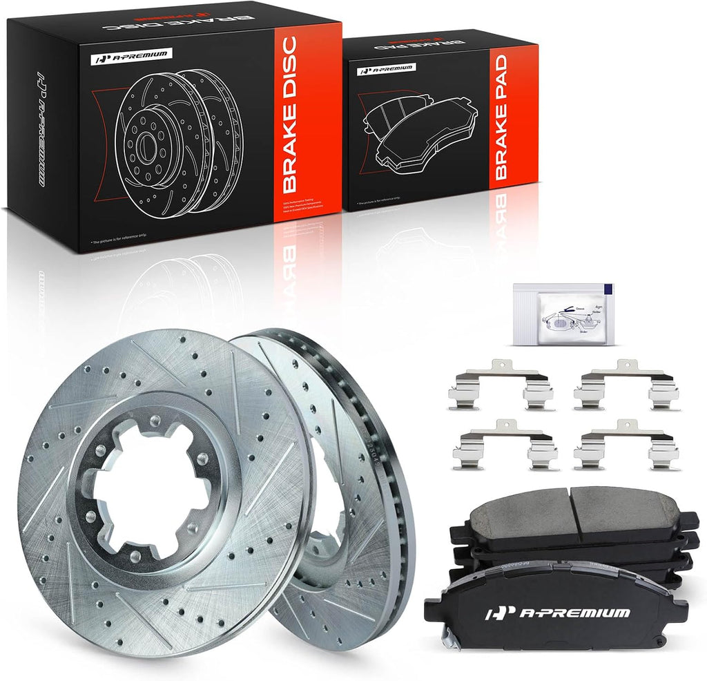A-Premium 11.81 in (300.00 mm) Front Drilled and Slotted Disc Brake Rotors + Ceramic Pads Kit Compatible with Select Nissan & Infiniti Models - Pathfinder 1998-2004, QX4 1998-2003, 6-PC Set