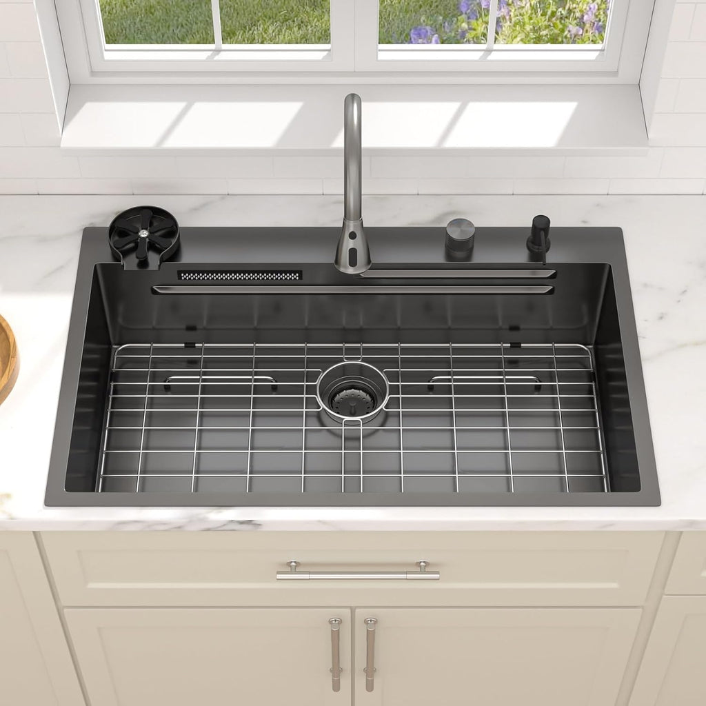 Dcolora 36 Inch Waterfall Kitchen Sink Black Drop In Smart Sink with Faucet Combo Multifuctional Topmount Large Workstation Stainless Steel, DC-SFDOE00023