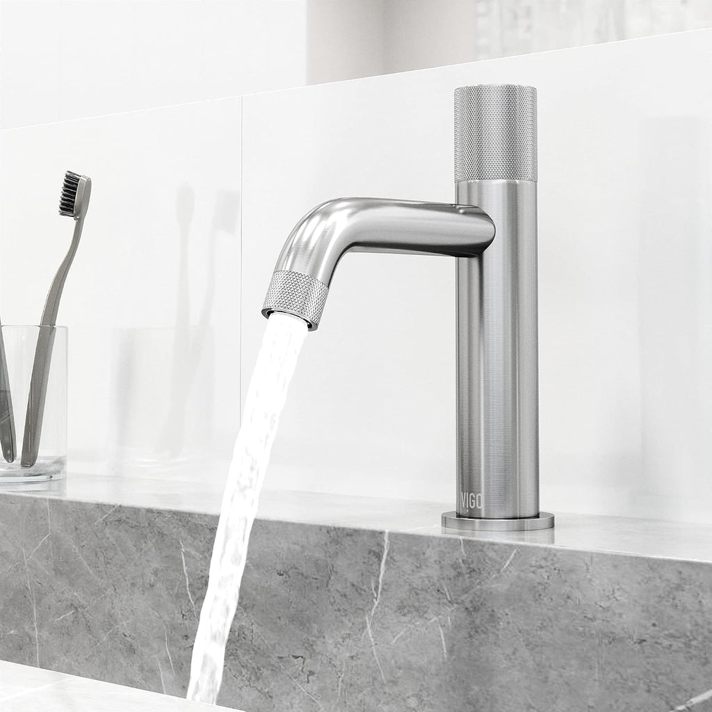 VIGO Apollo Single-Handle Single-Hole Mount Bathroom Sink Faucet, 8-Inch, Brushed Nickel, Modern Design, Solid Brass, 1.2 GPM WaterSense & Ceramic Disc Valve, Corrosion-Resistant
