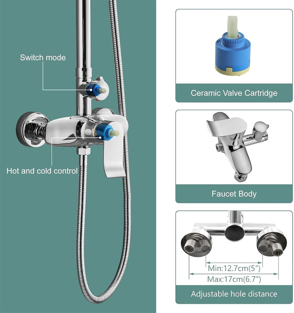 Polish Chrome Exposed Shower System 2 Functional Bathroom Shower Set 8 Inch Square Rainfall Shower Head with Hand Sprayer Wall Mounted