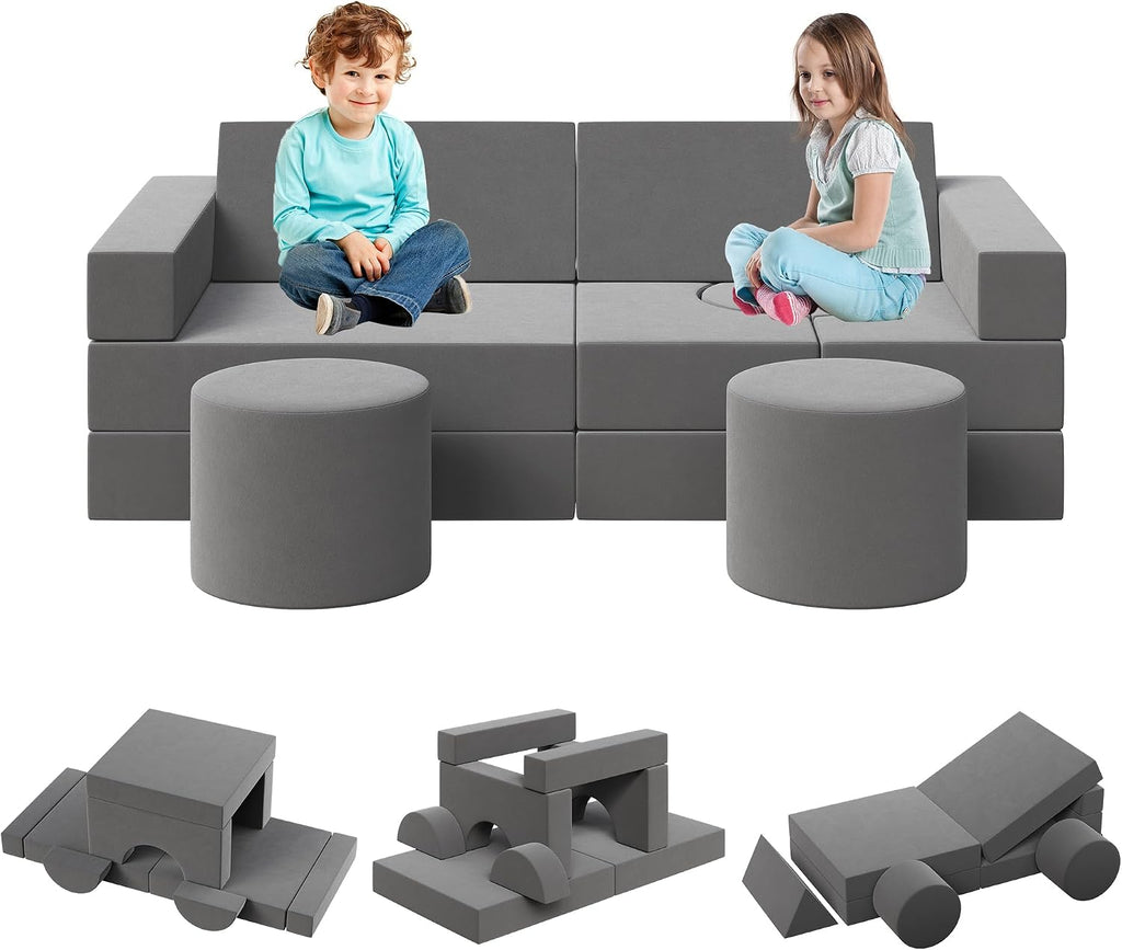 Kids Modular Play Couch, 13 Pcs Toddler Couch With Washable Velvet Covers, Building Fort Toddler Sofa Set, Convertible Foam Floor Chair for Playroom, Living Room