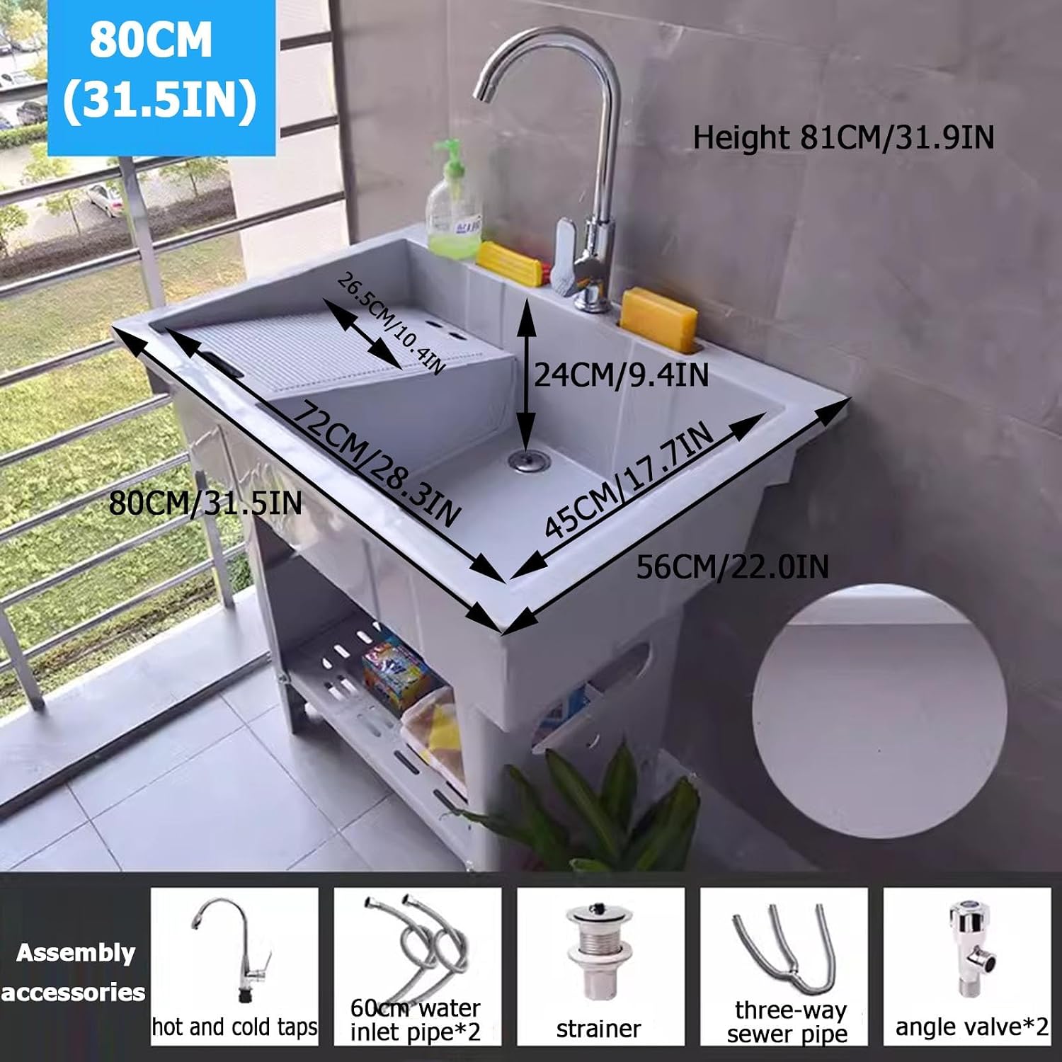 RYTM 31.5'' Plastic Utility Laundry Sink, Freestanding Outdoor Sink Laundry Tub with Washboard, Portable Hand Washing Station with Cold & Hot Water Faucet and Soap Dispenser, Gray