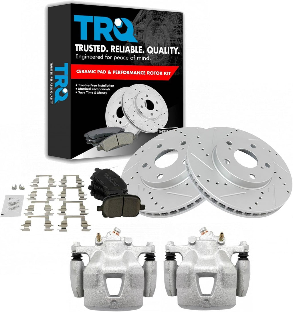 TRQ Performance Front Brake Pad and Rotor Set Ceramic Coated Drilled Slotted Rotors Calipers Compatible with 1997-2001 Lexus ES300 1998-2004 Toyota Avalon 1997-2001 Camry 1999-2003 Solara