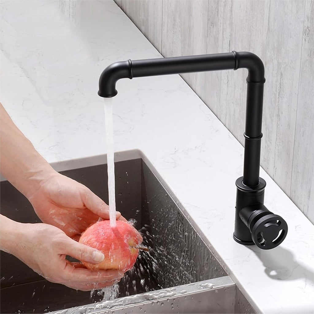 Retro Industrial Style Brass Kitchen Faucet - Hot and Cold Water Mixer Tap for Bathroom and Kitchen(Black)