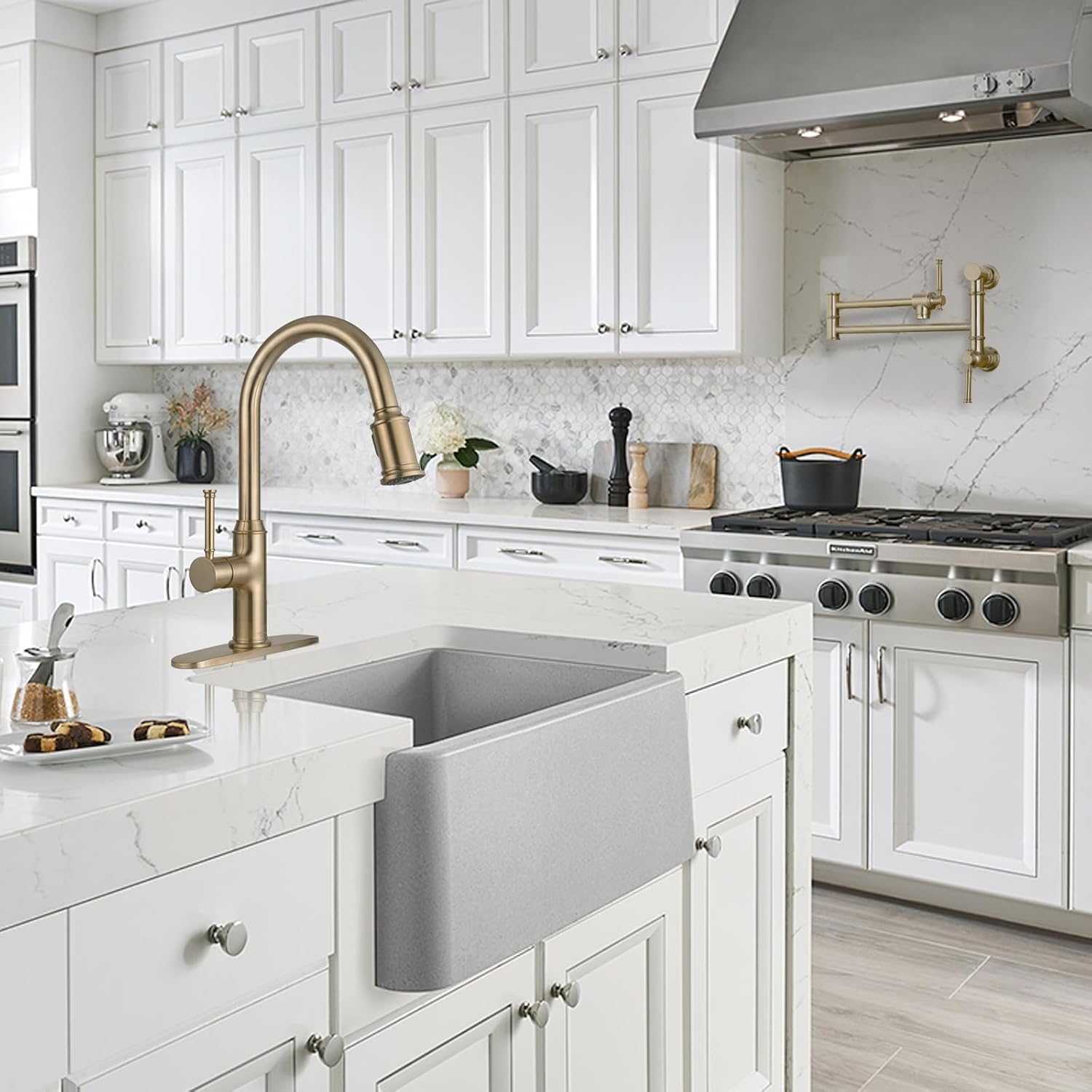 Lava Odoro Bronze Gold Kitchen Faucet with Pull Down Sprayer, Brushed Brass Kitchen Sink Faucet, Single Hole Kitchen Faucet with 3-Function Sprayer, Deck Plate Included, Spot-Free, 1.8 GPM, KF421-BB