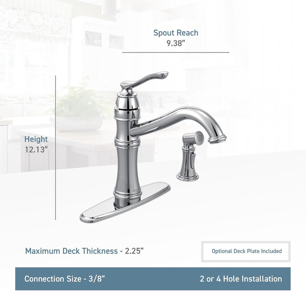 Moen Belfield Spot Resist Stainless Traditional One Handle High Arc Kitchen Faucet with Side Spray and Optional Deckplate Included, 7245SRS