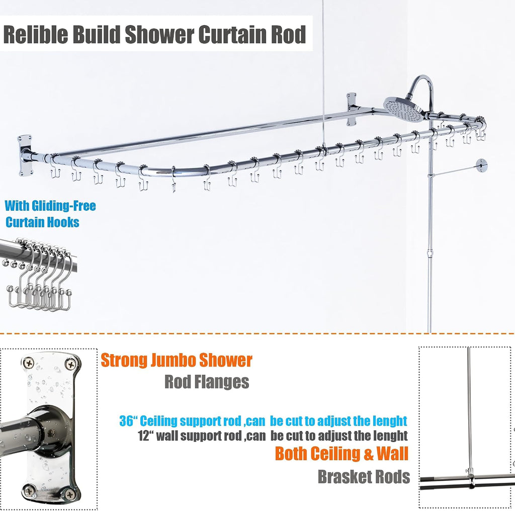Clawfoot Tub Shower Kit,Add On Shower With Bathcock Diverter Faucet and 60' D Type Claw foot Tub Shower Curtain Rod Kit,D-Style Shower Rod and Clawfoot Tub Shower Faucet Set,Chrome Plated
