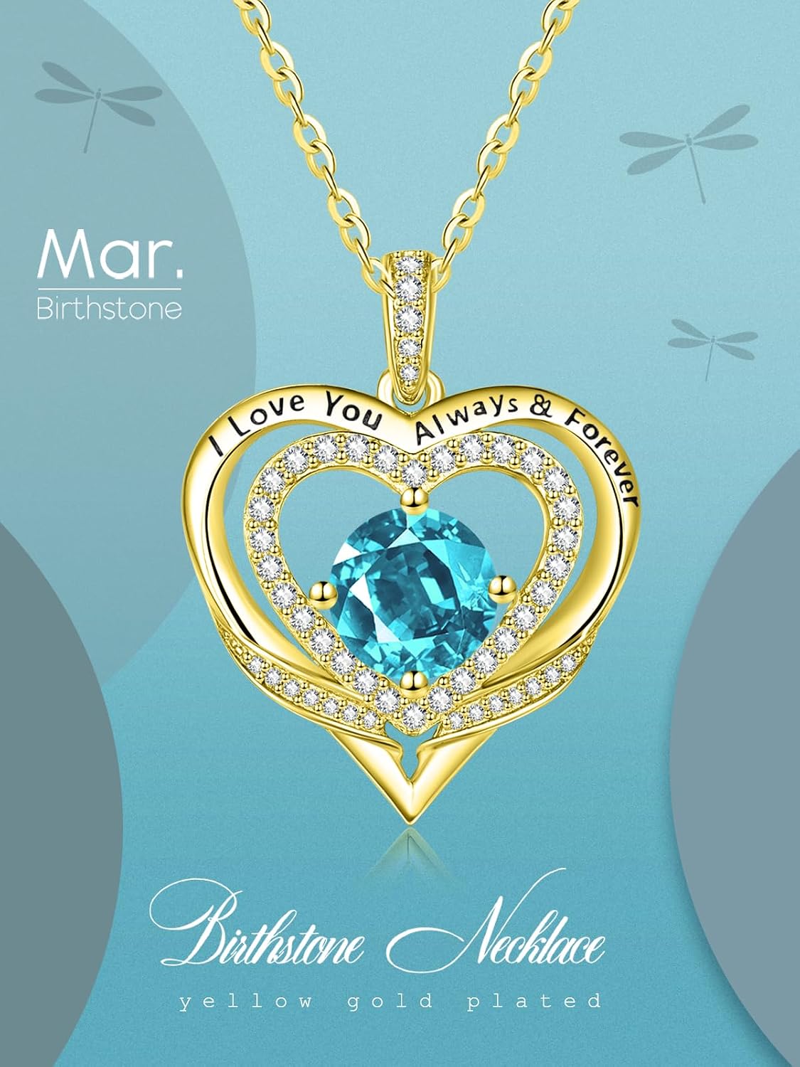 14K Gold Heart Necklaces for Women with Birthstone Pendant ，Double Hearts Necklace Jewelry Gift for Girlfriend Mom Anniversary Birthday Adjustable Chain 18' + 2' 'I Love You Always & Forever