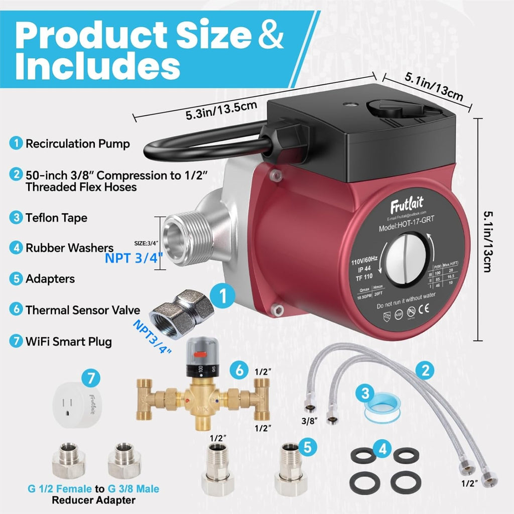 Hot Water Recirculating Pump Kit for Tank Water Heaters – 3-Speed Pump, Thermostatic Bypass Valve, WiFi Smart Plug, 2 Adapters, 1/2' to 3/8' Food-Grade Hoses, Easy DIY Install