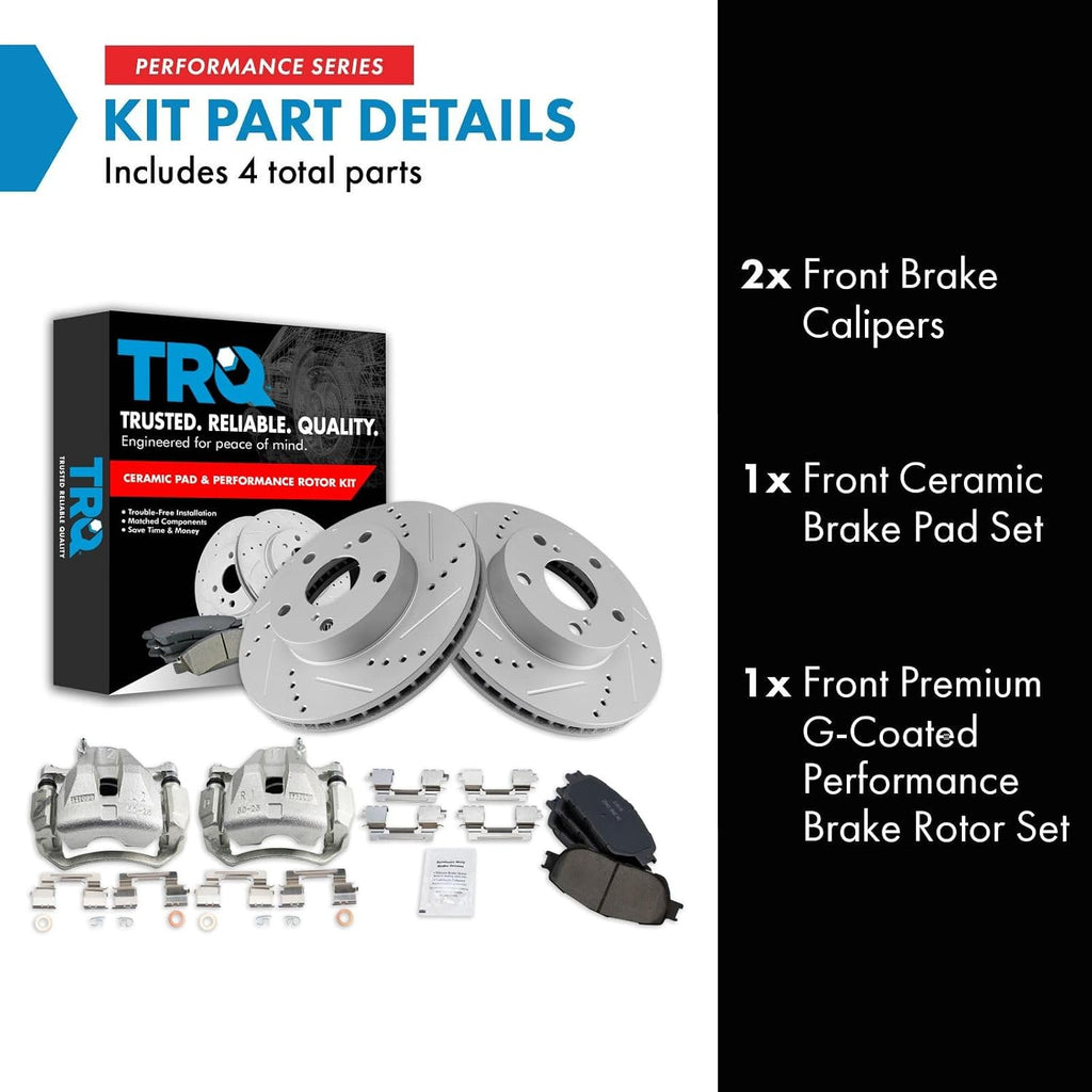 TRQ Performance Front Ceramic Brake Pad and Rotor Set Drilled Slotted Coated Compatible with 2005-2015 Toyota Tacoma with 5 Lug Wheels