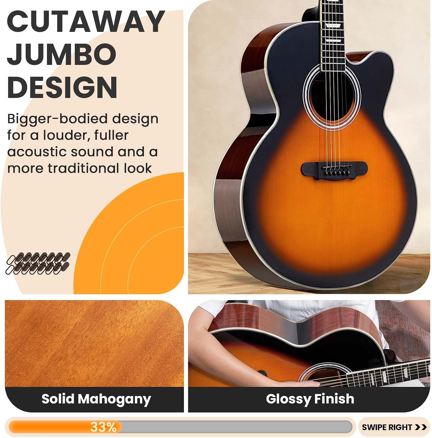 Fesley Jumbo Cutaway Acoustic Guitar: 42' Full Size Acoustic Guitar Kit, Mahogany Wood Guitar for Beginner Adult, Acustica Guitarra with Gig Bag, Picks, Strings, Capo, Strap, Pickguard, FJ90 Sunburst