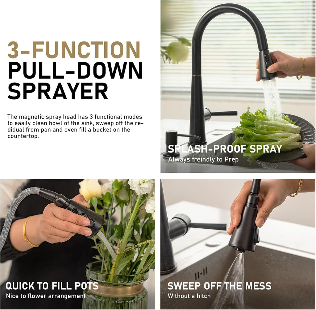 Oil Rubbed Bronze Kitchen Faucet with Pull Down Sprayer, Lava Odoro Bronze Single Handle Kitchen Sink Faucet, Faucet for Kitchen Sink with Magnetic Docking Spray Head, Deck Plate, KF321-ORB