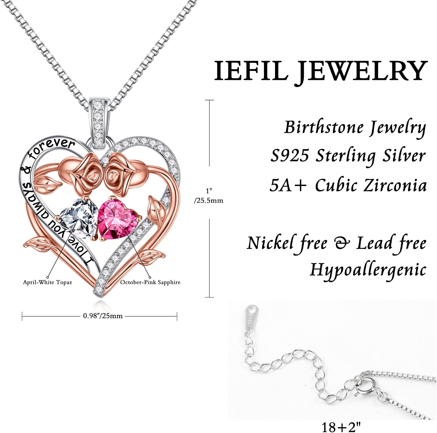 Iefil Rose Heart Double Birthstone Necklace Gifts for Wife Girlfriend Her Women, Birthstone Jewelry Gemstone Birthday Gifts for Mom Grandma Her Wife Women