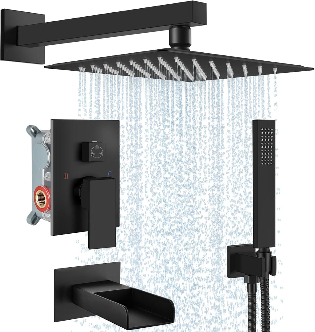 Midanya Rain Shower System Tub Shower Faucet Set Square Rainfall Waterfall Shower Head with Handheld Sprayer Tub Spout Combo Wall Mounted bathtub faucet set Rough-in Valve, 10 Inch Matte Black