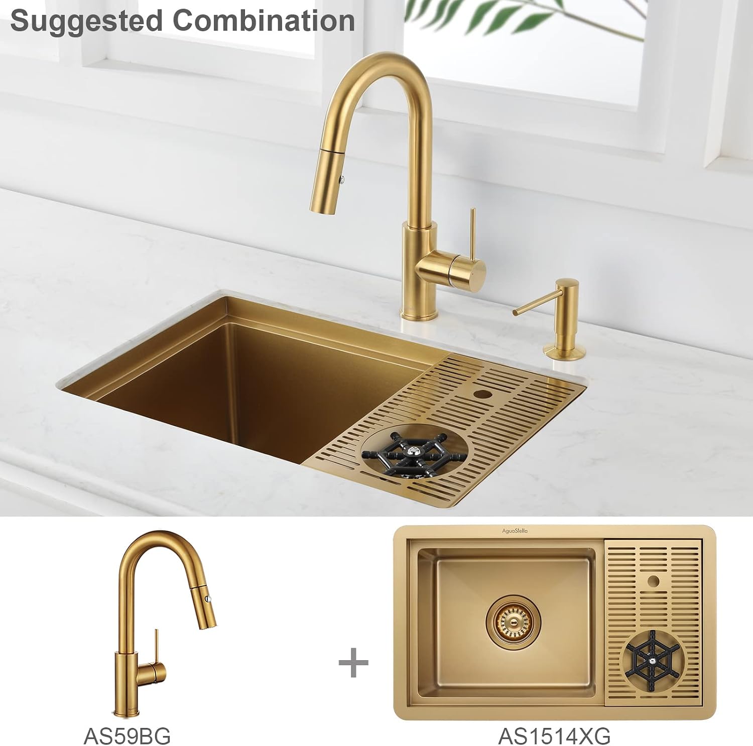 AguaStella AS59BG Brushed Gold Brightly Bar Faucet or Prep Kitchen Sink Faucet with Pull Down Sprayer and Single Handle
