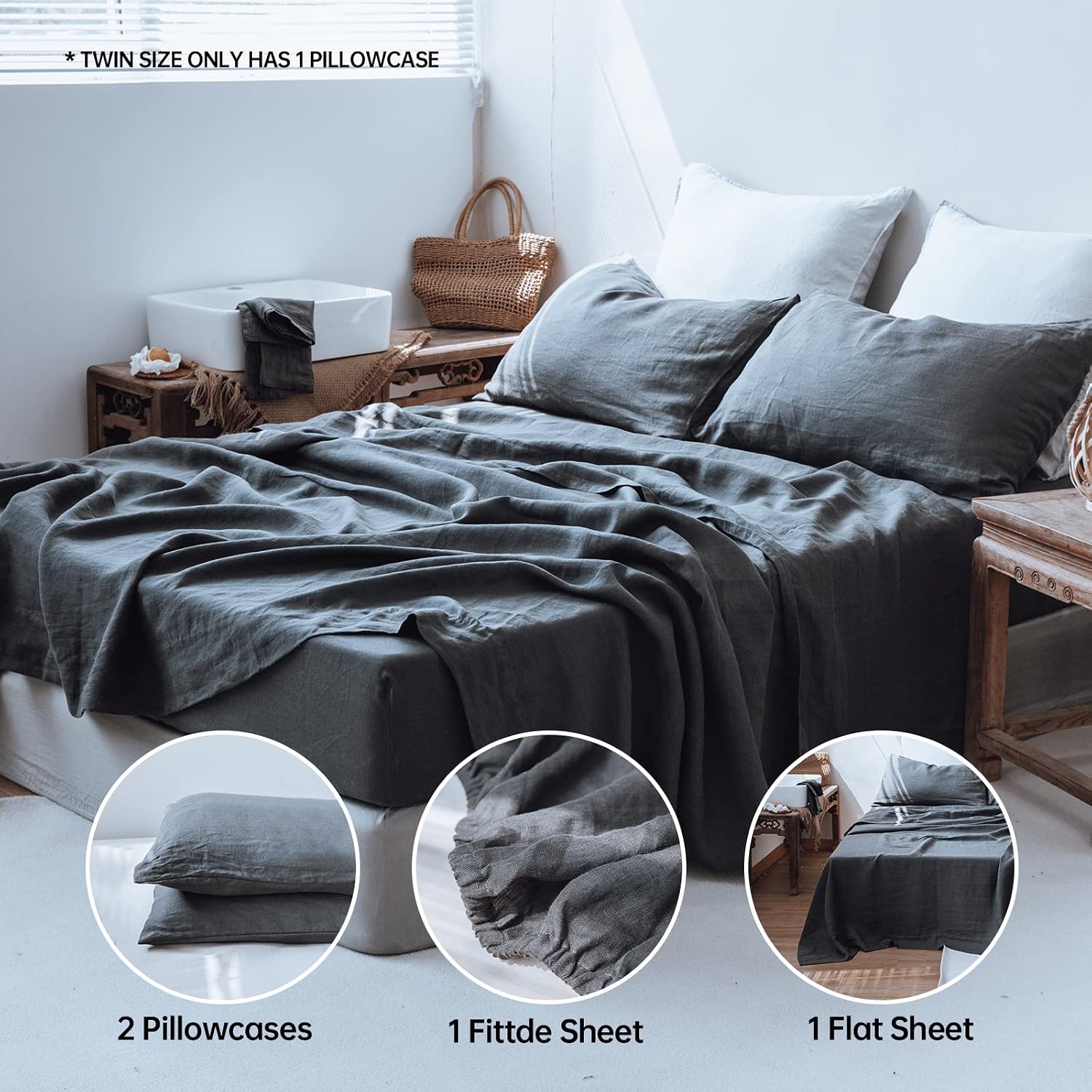 Simple&Opulence 100% Linen Sheet Set 3pcs Basic Style, Deep Pocket, Natural French Washed Flax Solid Color Soft Breathable Bed Sheets - Dark Grey, Twin