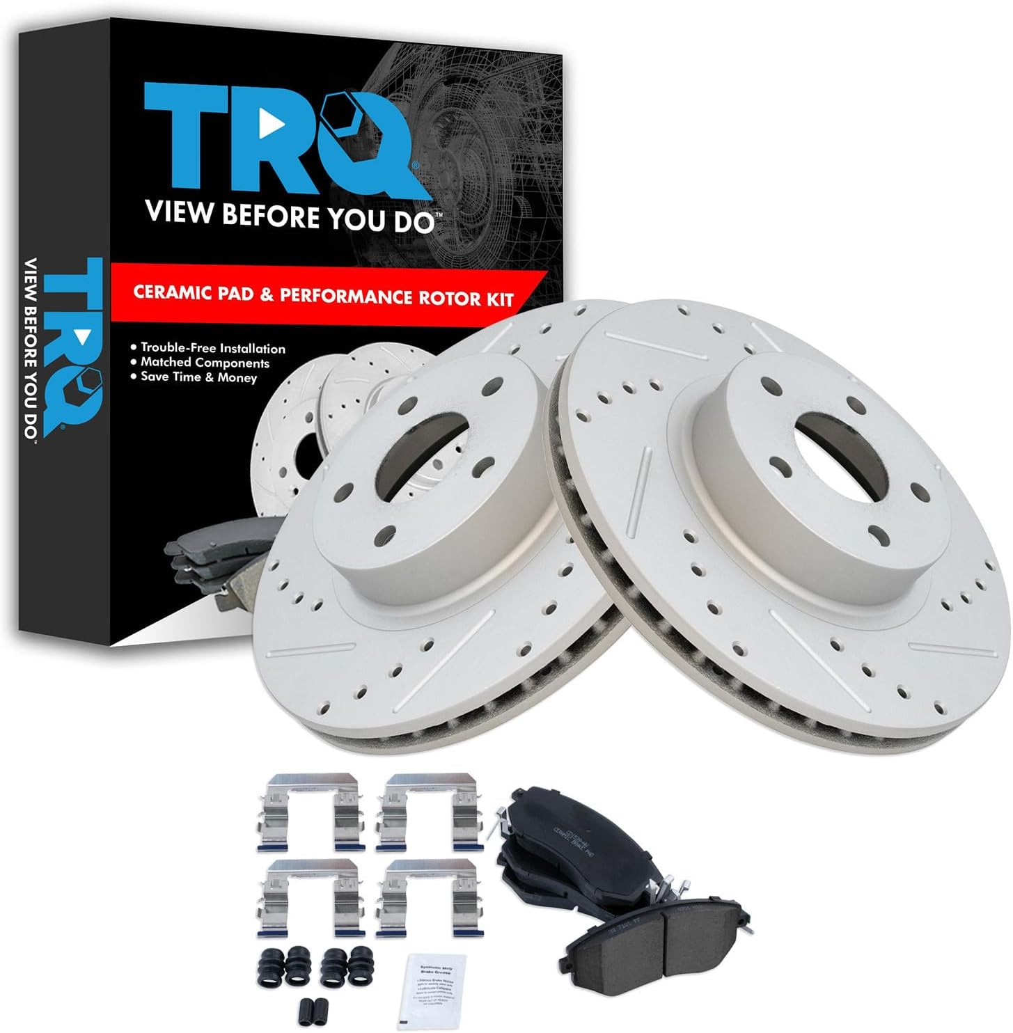 TRQ Performance Front Brake Pad and Rotor Set Ceramic Drilled Slotted Coated Rotors Compatible with 2013-2016 Scion FR-S 2013-2016 Subaru BRZ 2011-2016 Impreza