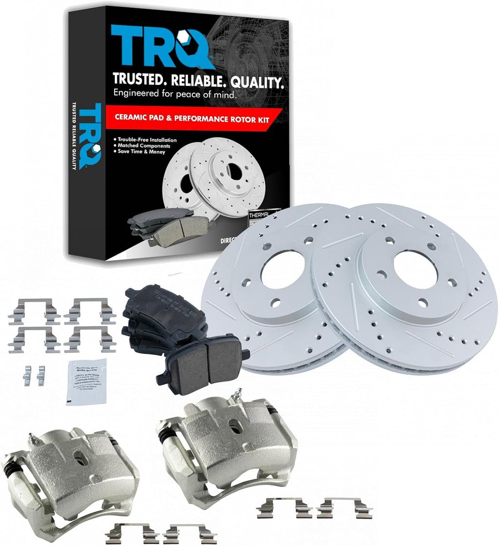 TRQ Performance Front Brake Pad and Rotor Kit Caliper Ceramic Vented Slotted Drilled G-Coated Compatible with 2006-2011 Chevrolet HHR