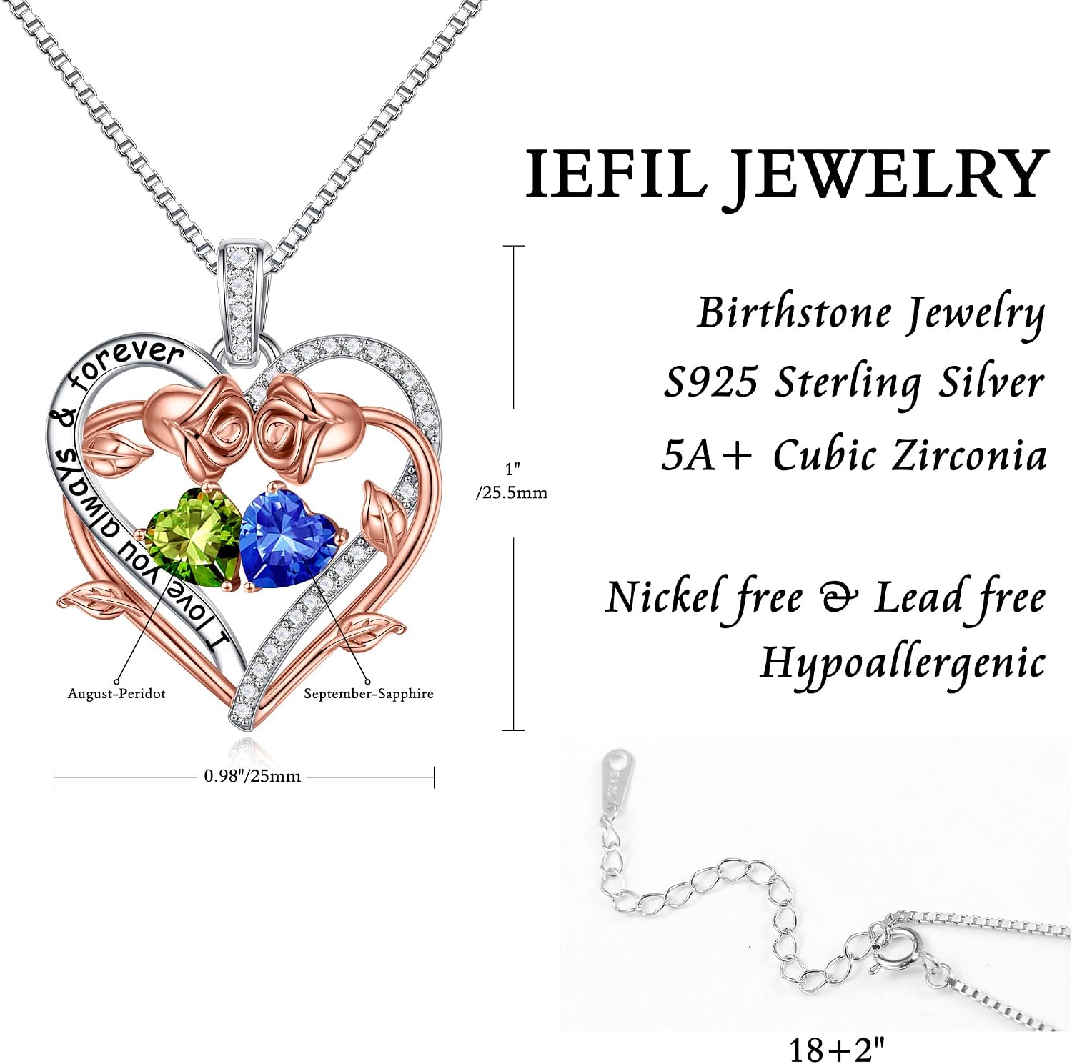 Iefil Rose Heart Double Birthstone Necklace Gifts for Wife Girlfriend Her Women, Birthstone Jewelry Gemstone Birthday Gifts for Mom Grandma Her Wife Women