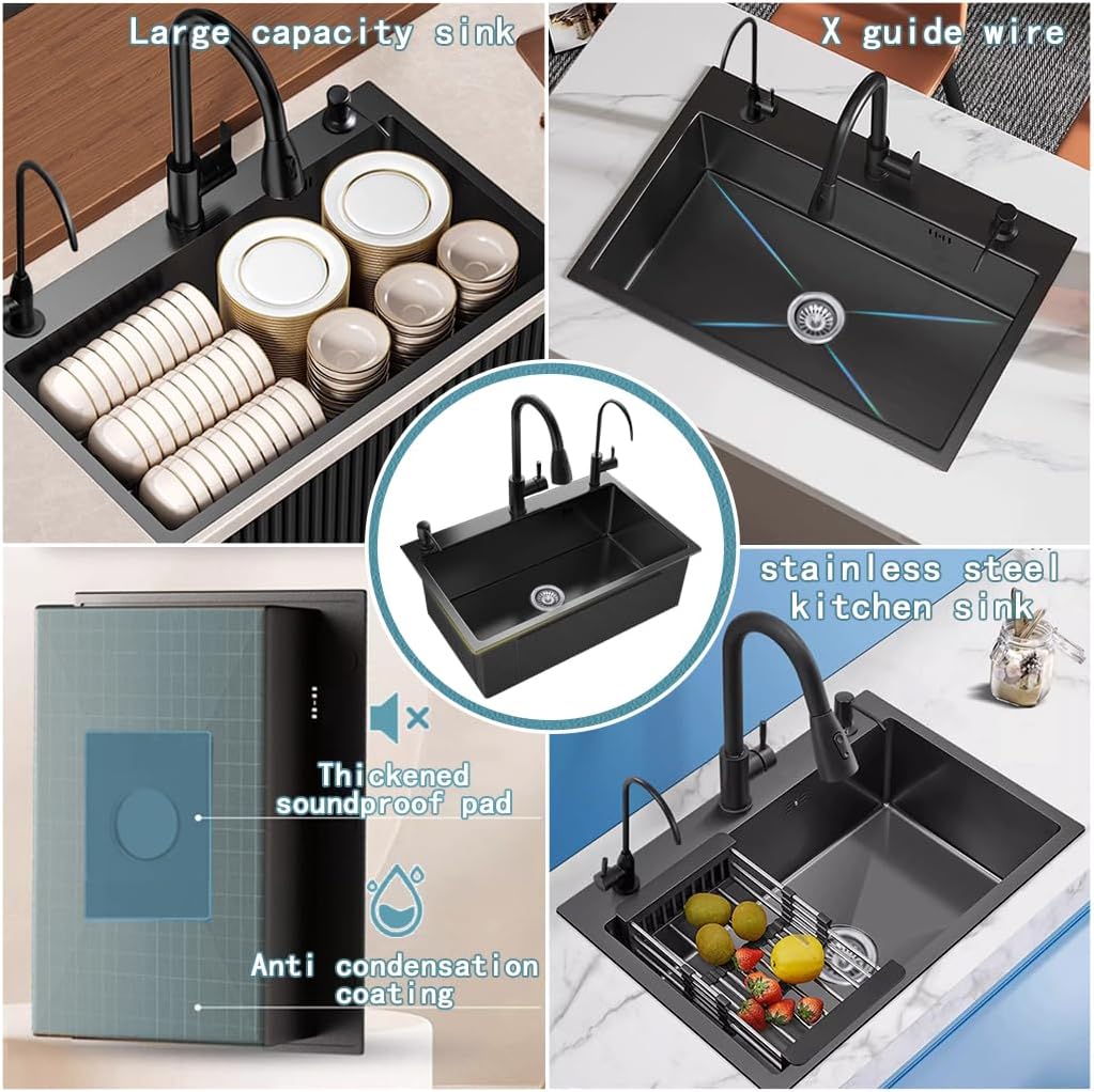 21.7 x 17.7 Inch Black Single Bowl Sink with faucet,Large Capacity Stainless Steel Drop In Kitchen Sink,Topmount Utility Workstation Sink With Multiple Accessories